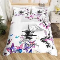 Ink Painting Duvet Cover Japanese Style Mount Fuji Comforter Cover Red Cherry Blossoms Print Bedding Set For Adults Teens Girls 135x200cm