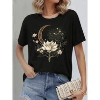 Celestial Dragon Moon Stars Graphic T-Shirt Women’s Crew Neck Short Sleeve Tee Mystical Boho Dragon Print for Daily Wear S