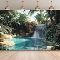 2D Jungle Waterfall Lagoon Backdrop Stone Rocks & Turquoise Water Photo Banner 47.2x31.5inch/120*80cm