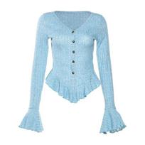 VAYLA Korean Style Sweet Hot Girl Sexy Flare Sleeve Cardigan Women's Solid Color V-neck Thin Slim Top Fashion Female Clothes S mėlyna