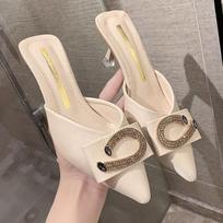 Fashion New Style Women's Women Slippers Mules Pointed Toe Rubber Metal Chains Outsole Slides Footwear Fashion Casual Lady High Heels 35 smėlis