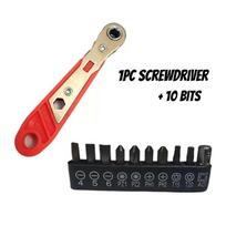 1pc Ratchet Screwdriver with 10 Bits - Narrow Space Handle, Front/Rear & Right Angle Bending, Cross/Flat/Dome Heads raudona