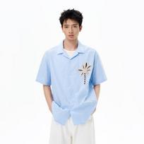 Men Palm Tree Embroidery Shirt Short Sleeve Cuban Collar Button Down Casual Vacation Shirt for Men S mėlyna