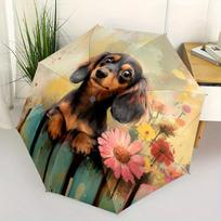 1pc Automatic Open/Close Umbrella with Floral Fence & Dachshund Design, Compact Travel Umbrella with 8-Rib Strong Frame, Porta