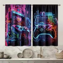 2Pcs Multicolor Neon Gaming Arcade Machine Controller Keyboard Pattern Curta Rod Pocket Design For Bedroom And Living Room 24x59in(60x150CM)x2&Rod Pocket&2 panels
