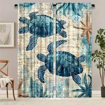 2Pcs, Nautical Green Sea Turtle Curta, Beach Theme Fabric Set With Blue Ocean Design, Ideal For Enhancing Coastal And Beach 53x116cm 2pc21x46in&Without mount