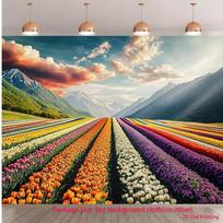 2D Spring Nature Tulip Farm Backdrop Scenic Mountain Landscape Party Photo Booth Cloth 47.2x31.5inch/120*80cm