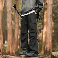 Men's Beige Elastic Waist Drawstring Multi Pocket Cargo Pants M juoda
