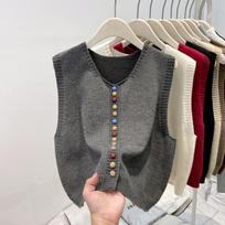Fashion Elegant Loose Sleeveless Knitted Cardigan Sweater Vest Women 2025 Autumn Winter Casual Buttons Waistcoat Simple Solid Color Tops Clothing One Size pilka spalva