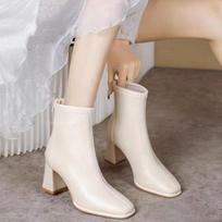 Fashion Fashionable  Skin Short Boots Women's Chunky High Heels Side Zipper All-Match Winter Boot Korean Style Flat Booties 35 smėlis