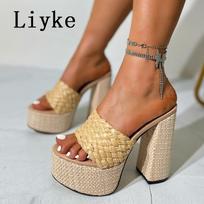 Fashion Liyke Cozy Wood Thick Bottom Open Toe 13.5CM Square High Heels Platform Slippers For Woman Shoes Summer Sandals Zapatos Mujer 35 abrikosas