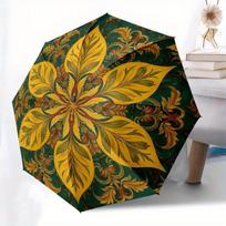 Golden Leaf Mandala Umbrella - Automatic Open Compact Folding Umbrella with Elegant Floral pattern in Green, Yellow, Brown - P