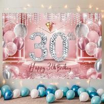 2D 2D Flat 30th Birthday Banner, Pink Balloon & Diamond Scene for Birthday & Outdoor Events 47.2x31.5inch/120*80cm