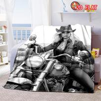 Biker Cowgirl Flannel Blanket, Soft Warm Throw with Black and White Motorcycle Print for Bed Sofa, Cozy Bedding 80cm x 120cm