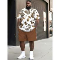 Men's Tropical Palm Leaf Print 2-Piece Set: Short Sleeve Shirt & Solid Brown Shorts. Breathable Summer Vacation Outfit for Beach, Travel & Casual Wear S balta
