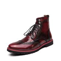 2020 Autumn/Winter Retro High-Top Leather Motorcycle Men's Boots, Casual Carved Design, Large Size 46 raudona