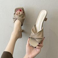 2022 Summer One-Strap Kitten Heel Mules - Women's Outdoor French Style 37 abrikosas