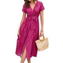 Women's Dresses Printed V-Neck Waisted Mid-Length Short Sleeve Split Dresses M
