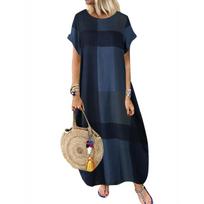 Women'S Casual Dress Printed Round Neck Skirt Short Sleeved Dress Vacation Plaid Dress Daily Loose Fitting Dress XXL mėlyna