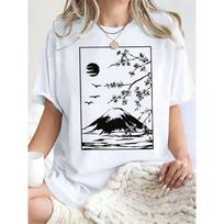 Cherry Blossoms In Mount Fuji Print Women T Shirts Summer Hip Hop Short Sleeve Cotton Y2K Oversized Clothes T-Shirt S