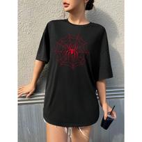 Paprasti raudoni vorų spaudiniai moteriški medvilniniai marškinėliai Laisvi kasdieniai apvalios apykaklės viršutiniai drabužiai Street Fashion Trumpomis rankovėmis Kvėpuojantys drabužiai S juoda