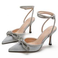 European and American high heels 2025 new bow women's shoes rhinestone pointed single shoes straps thin heel super high heel 34