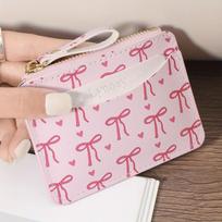 Fashion PVC Credit Card Holder Roomy Slim Zipper Wallet Lightweight Cute Bow Card Case for Women Girls rožinė