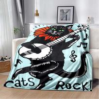 Rock Star Cat Flannel Blanket, Soft Warm Throw with Cute Black Cat Playing Guitar Print for Bed Sofa, Cozy Bedding for Cat Lovers 80cm x 120cm
