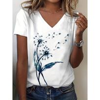Vibrant Dandelion 3D Print V Neck T-Shirt - Classic Fit Short Sleeve Casual Style Womens T-Shirts XXS