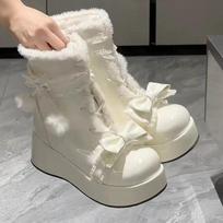 Sweet Lolita Snow Boots Fur Ball Bow Winter Platform Plush Cute Short Boots for Women White Wedges Lace Up Cotton Shoes Female 35 balta