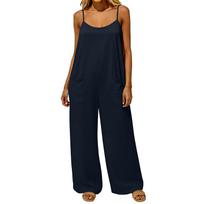 Women's Jumpsuit, Casual And Loose Fit, Featuring A Backless Design With Vintage Thin Straps. This Loungewear Jumpsuit Is Made From A Cotton And Li XL tamsiai mėlyna