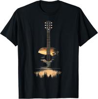 Sunset Acoustic Guitar Scenic Nature Art T-Shirt S įvairiaspalvis