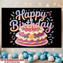 2D Happy Birthday Cake Backdrop with Confetti Black Background Party Photo Booth Banner 47.2x31.5inch/120*80cm