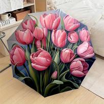 Automatic Folding Umbrella with Pink Tulips & Green Stems - Portable Collapsible Design, 8-Rib Durable Frame, Stylish Outdoor