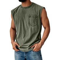 Men Sleeveless Crew Neck Pocket Tank Top Casual Loose Fit Muscle Shirt Cotton Vintage Design L armijos žalia spalva