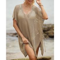 Women's Beach Bikini Top Machine-woven Shirt with Sexy Cutouts and Straps, Beach Skirt Dress Set one size chaki