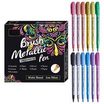 Set of 12 Metallic Brush Pens Water Based Low Odour Paint Markers for Glass Wood Metal Plastic Canvas Porcelain Paper and Stone Art Projects One Size