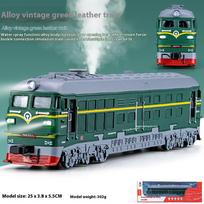 1/100 mastelio metalinis retro lokomotyvo traukinuko žaislas, gali būti purškiamas, lydinio traukinys, garsas ir šviesa, stalo kolekcija, dekoratyvinė dovana, berniukų vaikų žaislai žalia