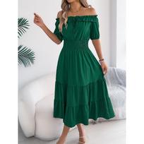 Spring and Summer Casual Off-the-shoulder Wooden-earbud Short-sleeved Wrap-around Waist-hugging Skirt Women's Dress S žalia