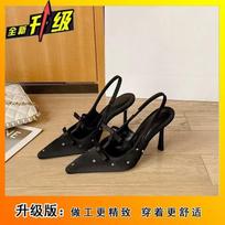 2025 new retro polka dot rhinestone bow high heels shallow mouth pointed thin heel versatile sexy women's single shoes 34