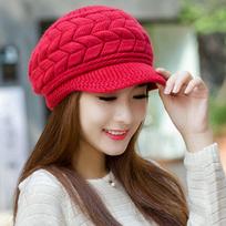 Casual Knitted Wool Hat Thickened Ear Protection Beret Hat Windproof Keep Warm Duck Tongue Cap Winter Hat for Women raudona