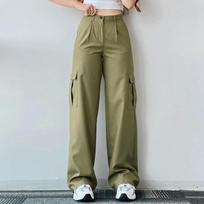 Fashion Solid Mid Waist Pockets Thin Baggy Wide Leg Cargo Pants For Women Street Casual Loose Straight Jogging Trousers M alyvuogės