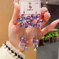 New Colorful Flower Tassel Crystal Long Dangle Drop Earrings for Women Korea Fashion Luxury Wedding Party Banquet Jewelry