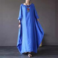 Women Batwing Kaftan Loose Baggy Long Maxi Shirt Dress Robes Outerwear Fashion 3/4 Sleeve Ramadan Crew Neck Dress Plus Size S mėlyna