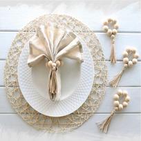 ABBY-12X Beaded Wood Napkin Rings With Table Setting Wedding Party Décor Accessories Napkin Holder Natural Style