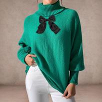 Women's Base Layer, Autumn and Winter Bat-sleeved Top, Lace Bow Patchwork High-neck Pullover Sweater S žalia