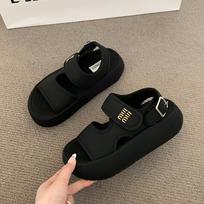 2025 summer new Velcro thick-soled muffin one-word sandals women wear one-pedal heightening casual beach shoes 35 juoda