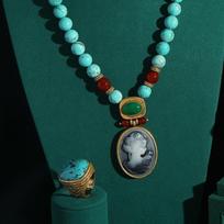 Vintage Blue Natural Stone Bohemian Style Cameo Beauty Head Turquoise Jewelry Sets For Woman Necklace And Earring Beaded Antique