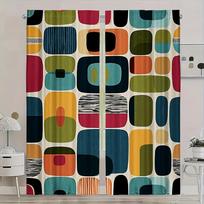 2Pcs Mid-Century Modern Curta No Rod — Cream Base With Bold Geometric Blocks & Striped Accents, Sheer Polyester For Living 53x116cm 2pc21x46in