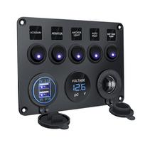 Vandeniui atspari jūrinė laivų svirtinių jungiklių panelė 5 jungiklių su dvigubu USB lizdu 2.1A + voltmetru automobiliams / transporto priemonėms mėlyna